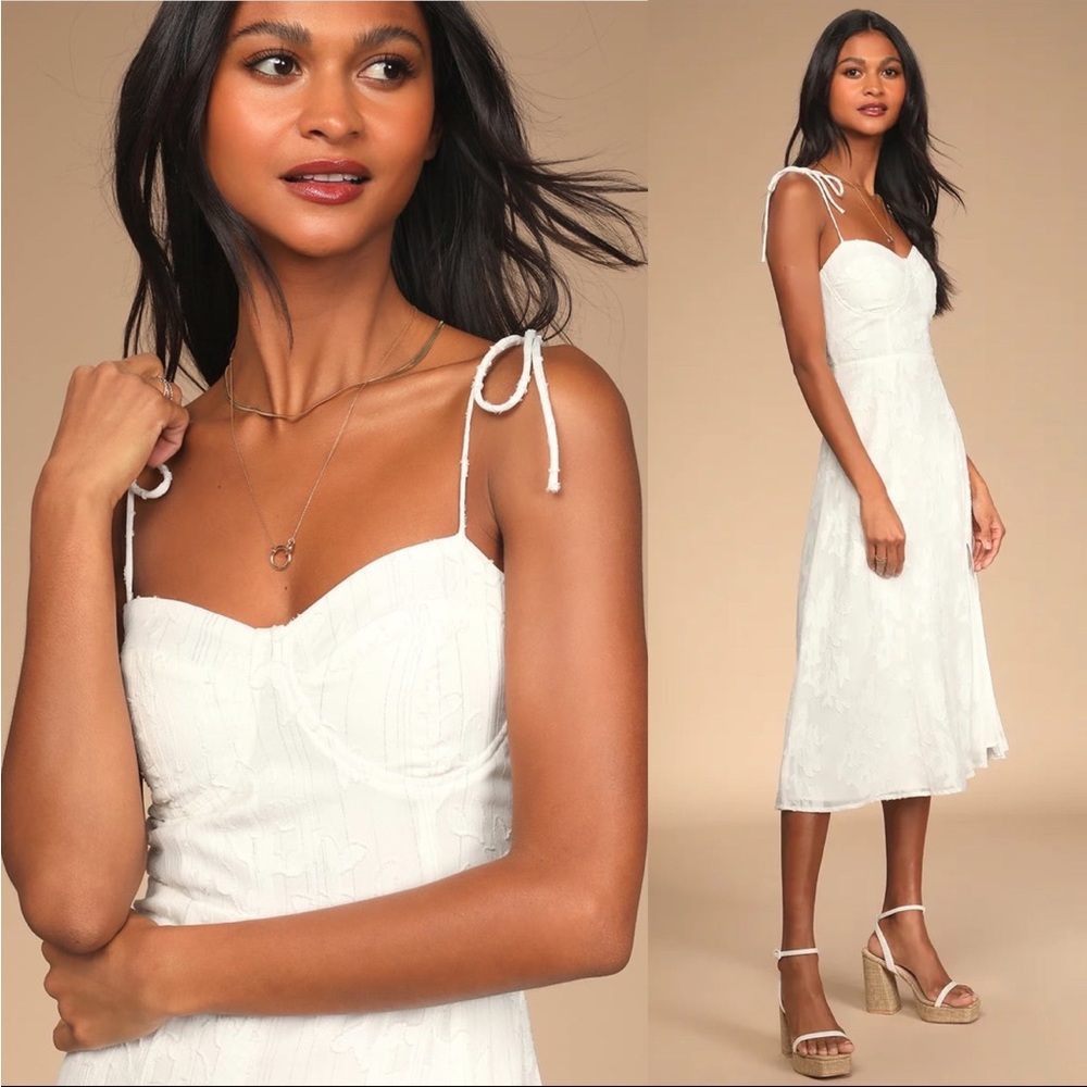 Lulu’s White Floral Jacquard Bustier Tie-Strap Midi Dress 🌿